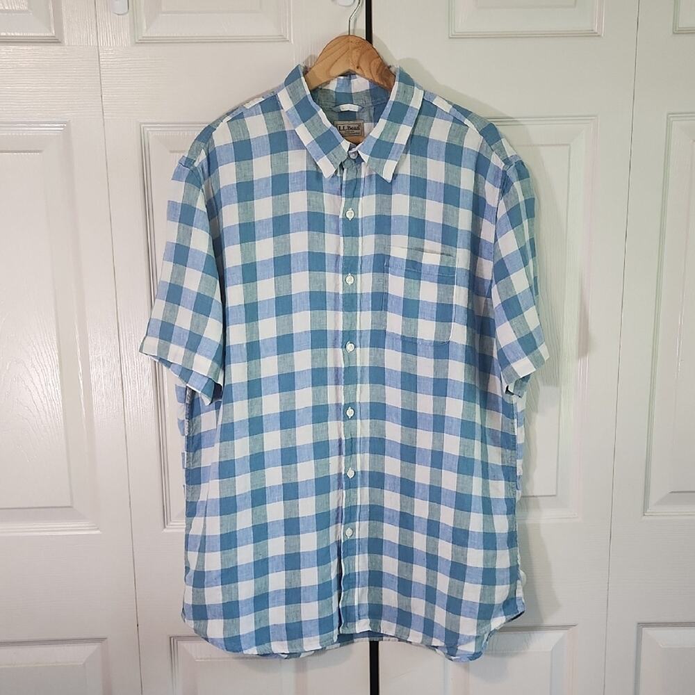 L.L. Bean Mens 100% Linen Burtton Up Shirt Size XL Plaid Resort Camp‎ Vacation